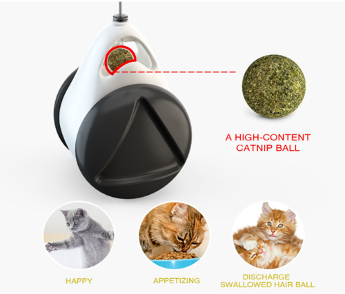 Juguete para gatos tipo balancín con bola oscilante y rueda equilibrada.