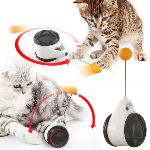 Juguete para gatos tipo balancín con bola oscilante y rueda equilibrada.