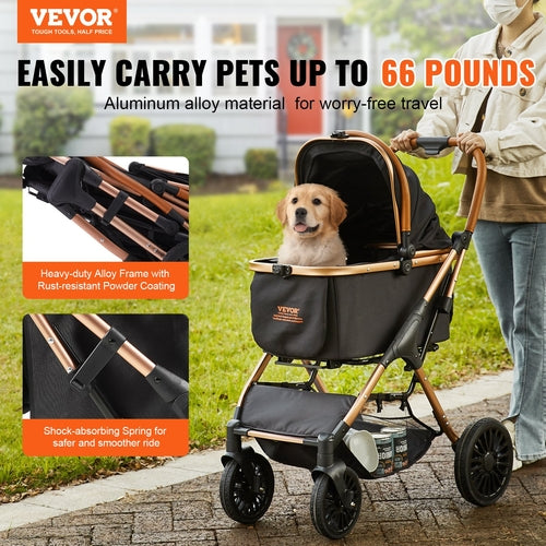 Carrito para mascotas, cochecito para perros de 4 ruedas giratorias con frenos, capacidad de 29,9 kg