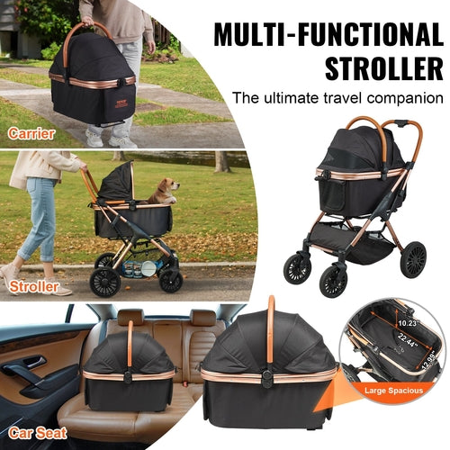 Carrito para mascotas, cochecito para perros de 4 ruedas giratorias con frenos, capacidad de 29,9 kg