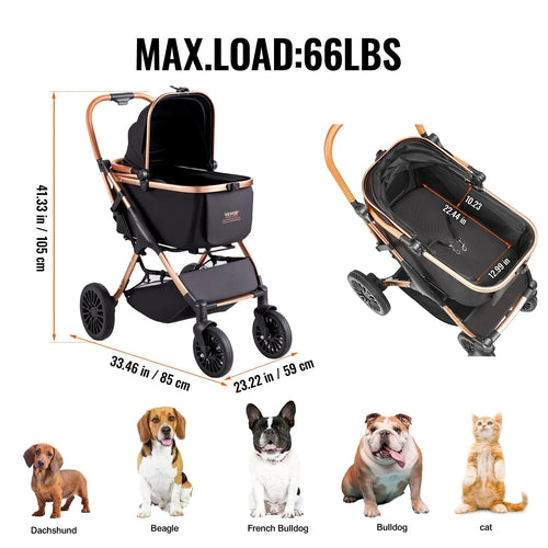 Carrito para mascotas, cochecito para perros de 4 ruedas giratorias con frenos, capacidad de 29,9 kg