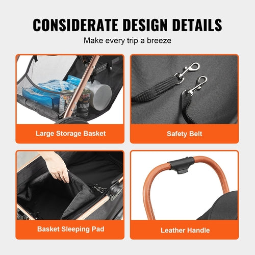 Carrito para mascotas, cochecito para perros de 4 ruedas giratorias con frenos, capacidad de 29,9 kg